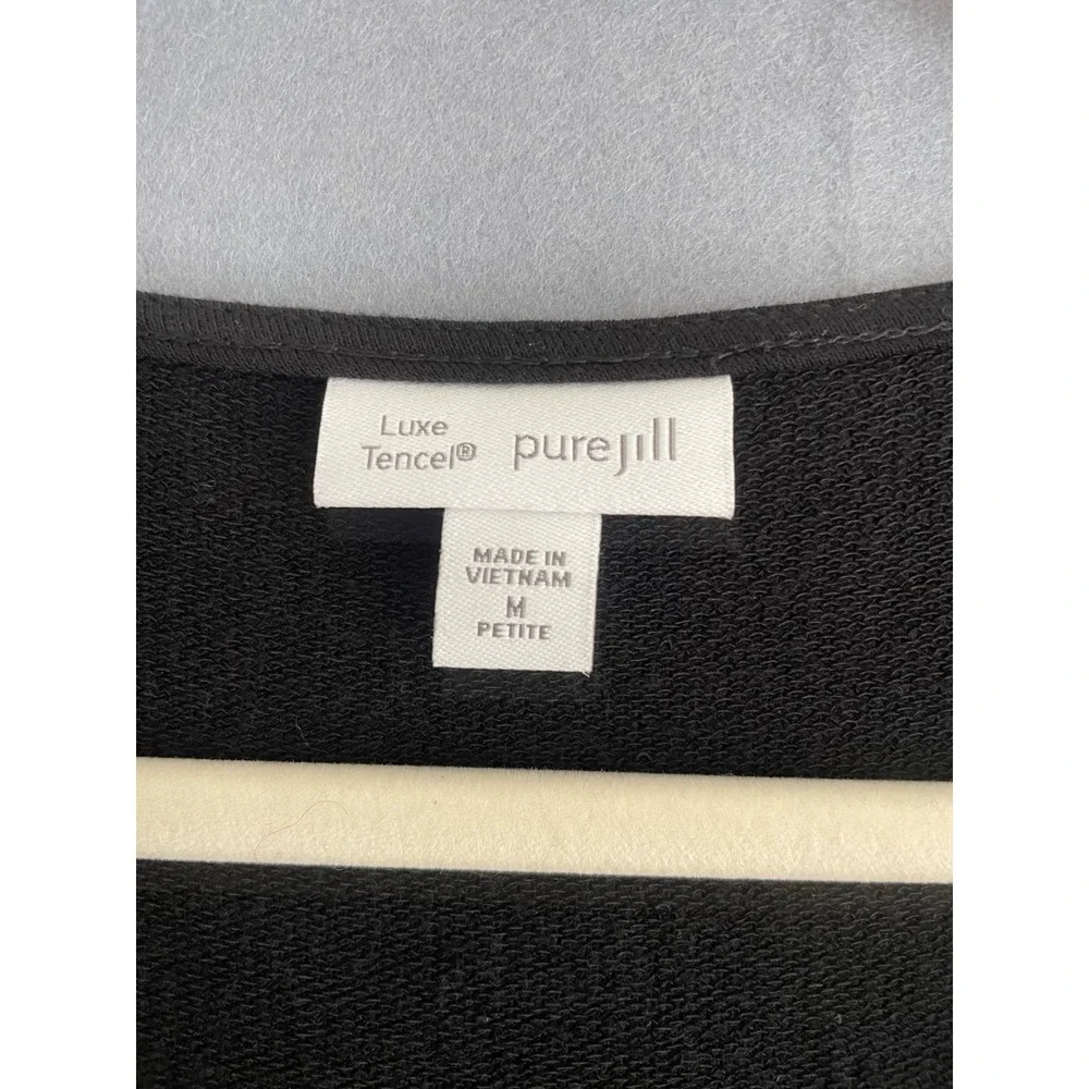 Pure Jill Luxe Tencel M Petite Dress Black VNeck Midi Minimalist 1/2 Sleeve Soft